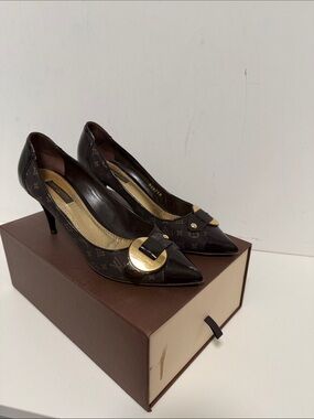 Louis Vuitton Dark Brown Monogram Pointed-Toe Heels with Gold Buckle